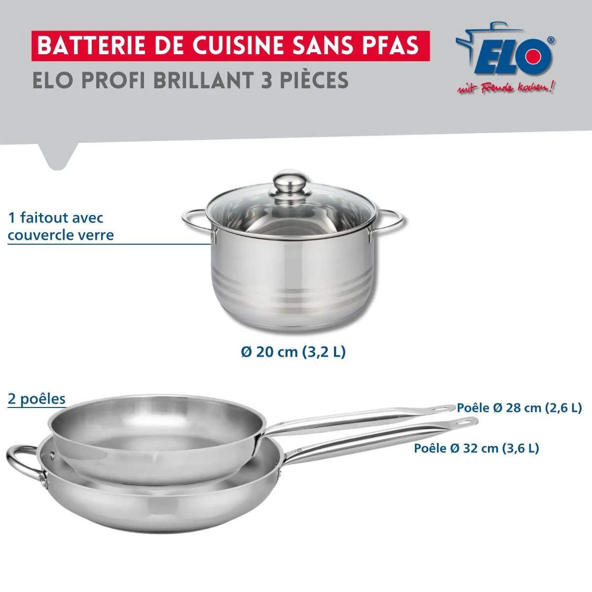 Ensemble de 2 Poêles de cuisson 28 et 32 cm et 1 faitout 20 cm Elo Profi Brillant
