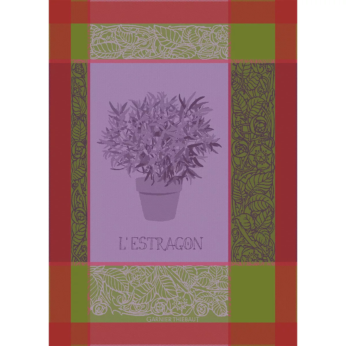 Torchon pur coton motif jacquard vert violet Estragon mousse