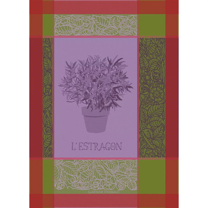 Torchon pur coton motif jacquard vert violet Estragon mousse