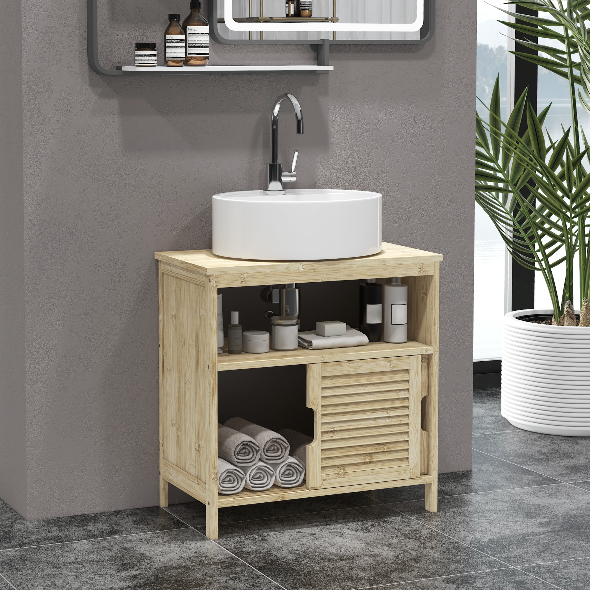 Mueble Bajo Lavabo de Bambú, Armario Debajo de Lavabo con Puertas Correderas de Lamas, Compartimento Abierto, Estilo Moderno, 60x30x60 cm, Natural