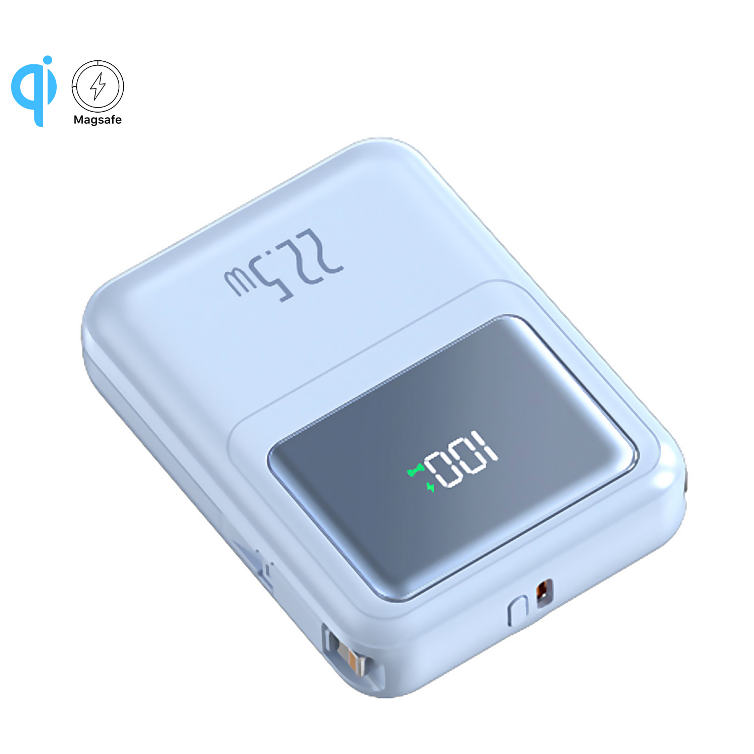 Powerbank 10.000mAh con carica rapida PD22,5W e carica wireless di 15W. Cavi USB-C e Lightning integrati. Schermo LED di carica.