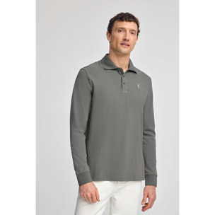 Polo grigio asfalto a maniche lunghe con tre bottoni con ricamo Rigby Best