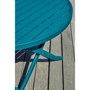 MARIUS - Table de jardin ronde pliante en aluminium bleu canard