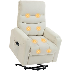 Sillón Relax Reclinable Eléctrico Levanta Personas, Sillón Elevador con 8 Puntos de Masaje, 2 Controles Remotos, Reposapiés, Tapizado en Pana, Acolchado Grueso, Bolsillo Lateral, Beige