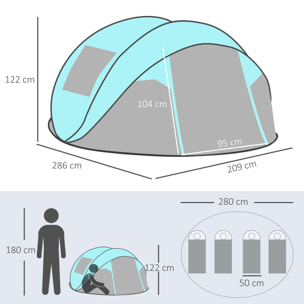 Tente pop up montage instantané - tente de camping 3-4 pers.  - 2 portes, 2 fenêtres moustiquaires - dim. 2,86L x 2,09l x 1,22H m - fibre verre polyester bleu gris