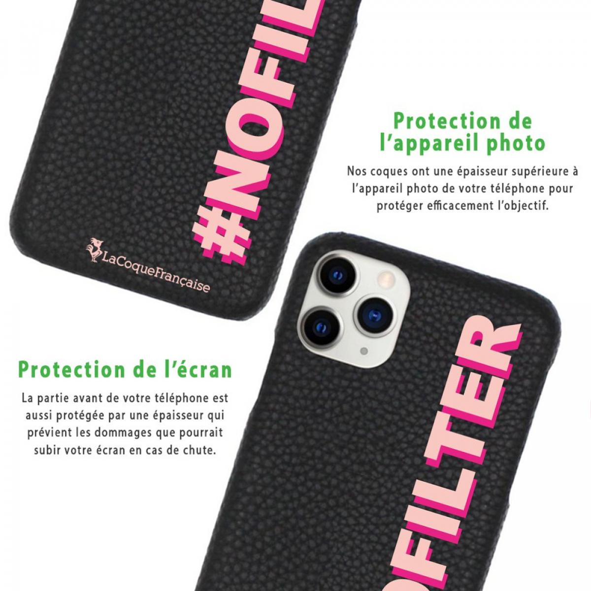 Coque iPhone 11 Pro effet cuir grainé noir No Filter rose et fushia Design La Coque Francaise