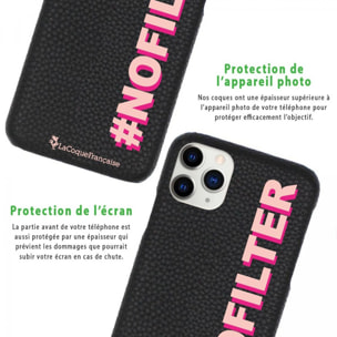 Coque iPhone 11 Pro effet cuir grainé noir No Filter rose et fushia Design La Coque Francaise