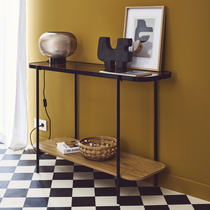 Console vintage en métal noir avec 2 plateaux (verre et décor bois). bords arrondis