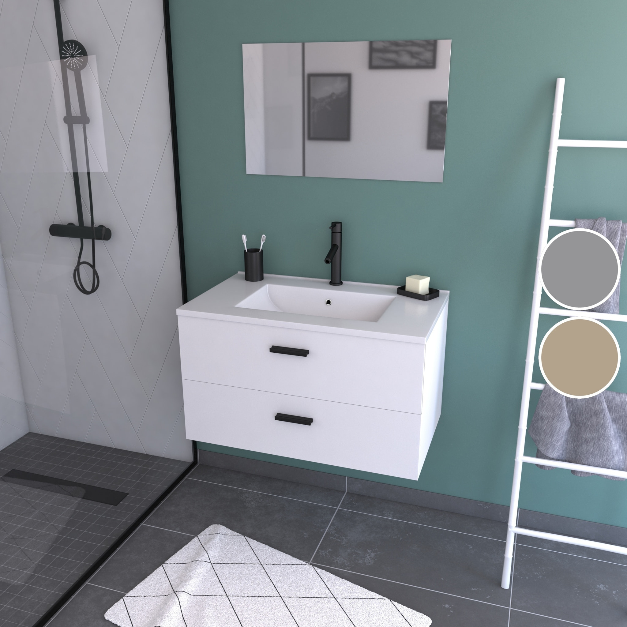 Meuble salle de bain 80 cm suspendu 2 tiroirs Blanc avec vasque et miroir - BOX-IN