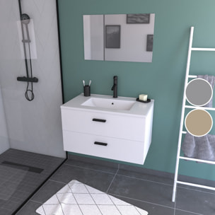 Meuble salle de bain 80 cm suspendu 2 tiroirs Blanc avec vasque et miroir - BOX-IN
