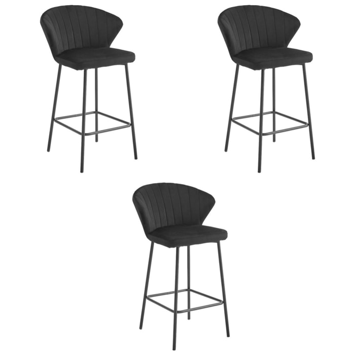 Set di 3 Sgabelli Gatta in Velluto Nero con Gambe in Acciaio