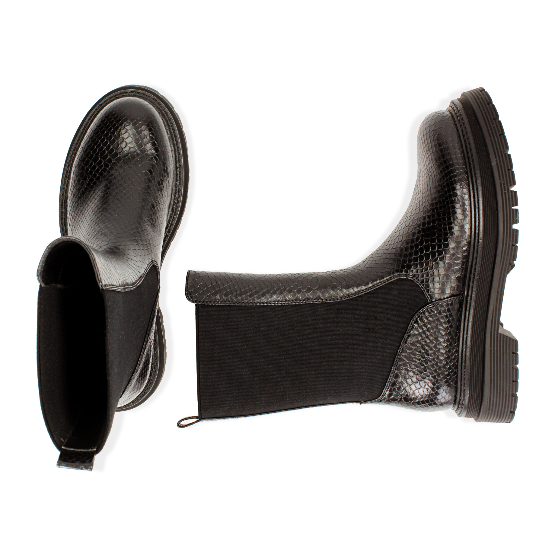 Chelsea boots neri stampa vipera, tacco 5 cm
