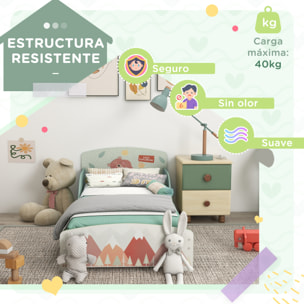 Conjunto para Niños Incluye 1 Cama Infantil de Madera Carga Máx. 40 kg 143x77x60 cm y 1 Baúl de Almacenamiento 60x37x39 cm con Estampados Verde