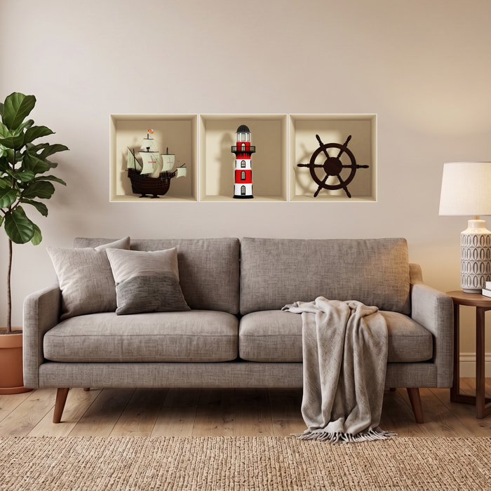 Stickers muraux 3D | Sticker Mural Autocollant effet 3D Décoration maritime - Stickers adhésifs 3D Chambre Salon Trompe l'oeil