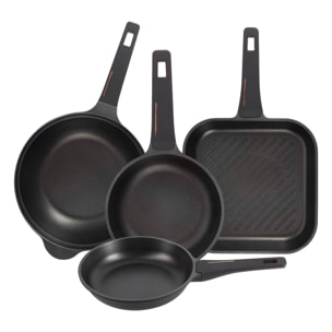 Juego de 2 Sartenes Ø20Ø24cm + Sartén Grill 28x28cm + Wok Ø30cm en aluminio fundido color Negro Copper Bergner