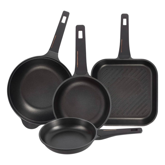 Juego de 2 Sartenes Ø20Ø24cm + Sartén Grill 28x28cm + Wok Ø30cm en aluminio fundido color Negro Copper Bergner