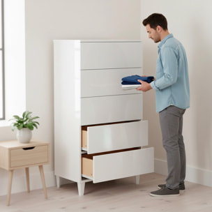 Comodino Con 5 Cassetti Cassettiera Settimino Mobile Da Camera Da Letto Moderno Mobiletto Con Piedini Montaggio Facile 60 x 40 x 117 Cm Bianco Lucido