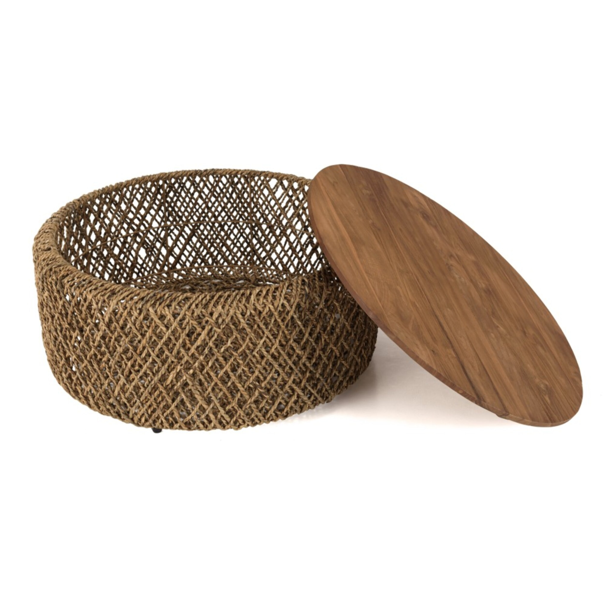 SIXTINE - Table basse ronde diam85 rotin plateau bois de teck recyclé