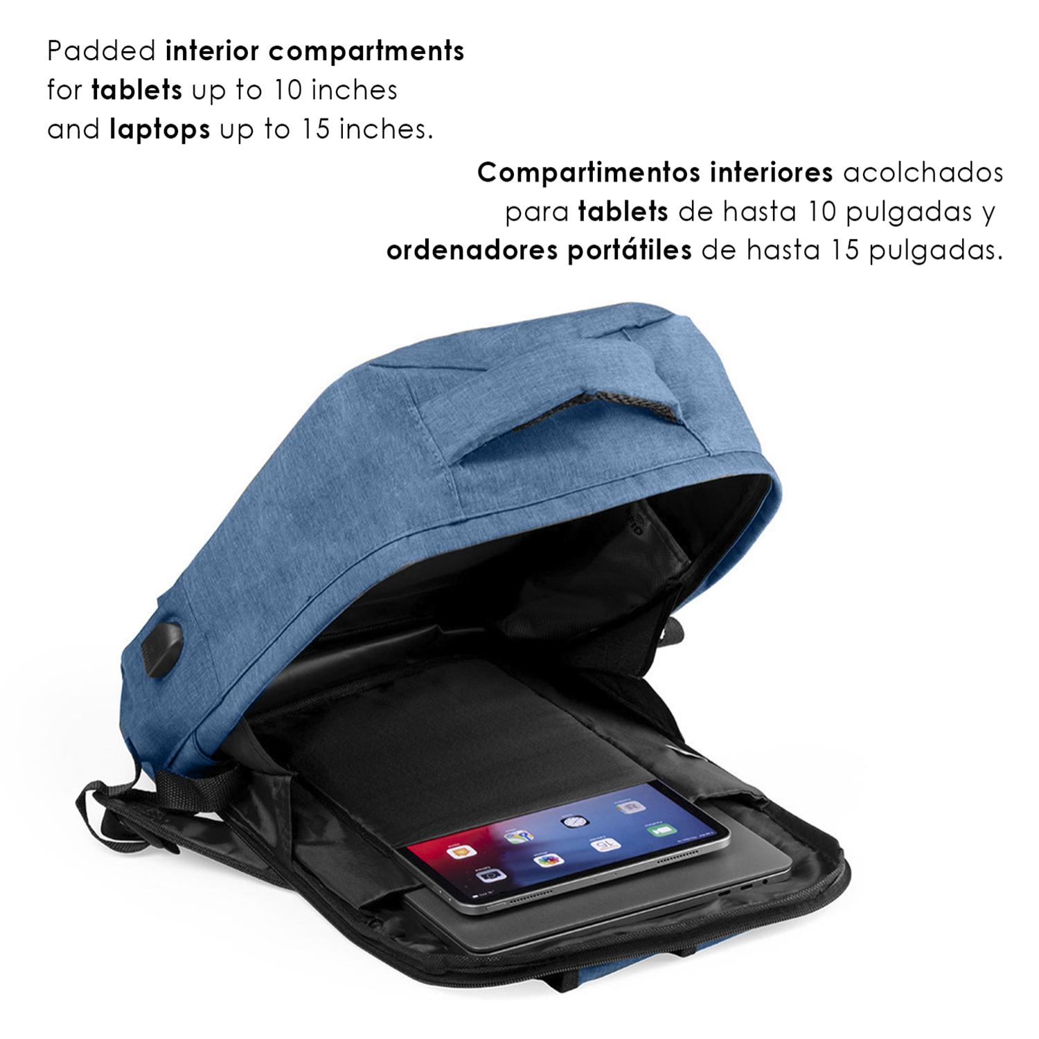 Zaino antifurto Komplete in poliestere 300D, con presa USB esterna. Tasca laterale con protezione RFID.