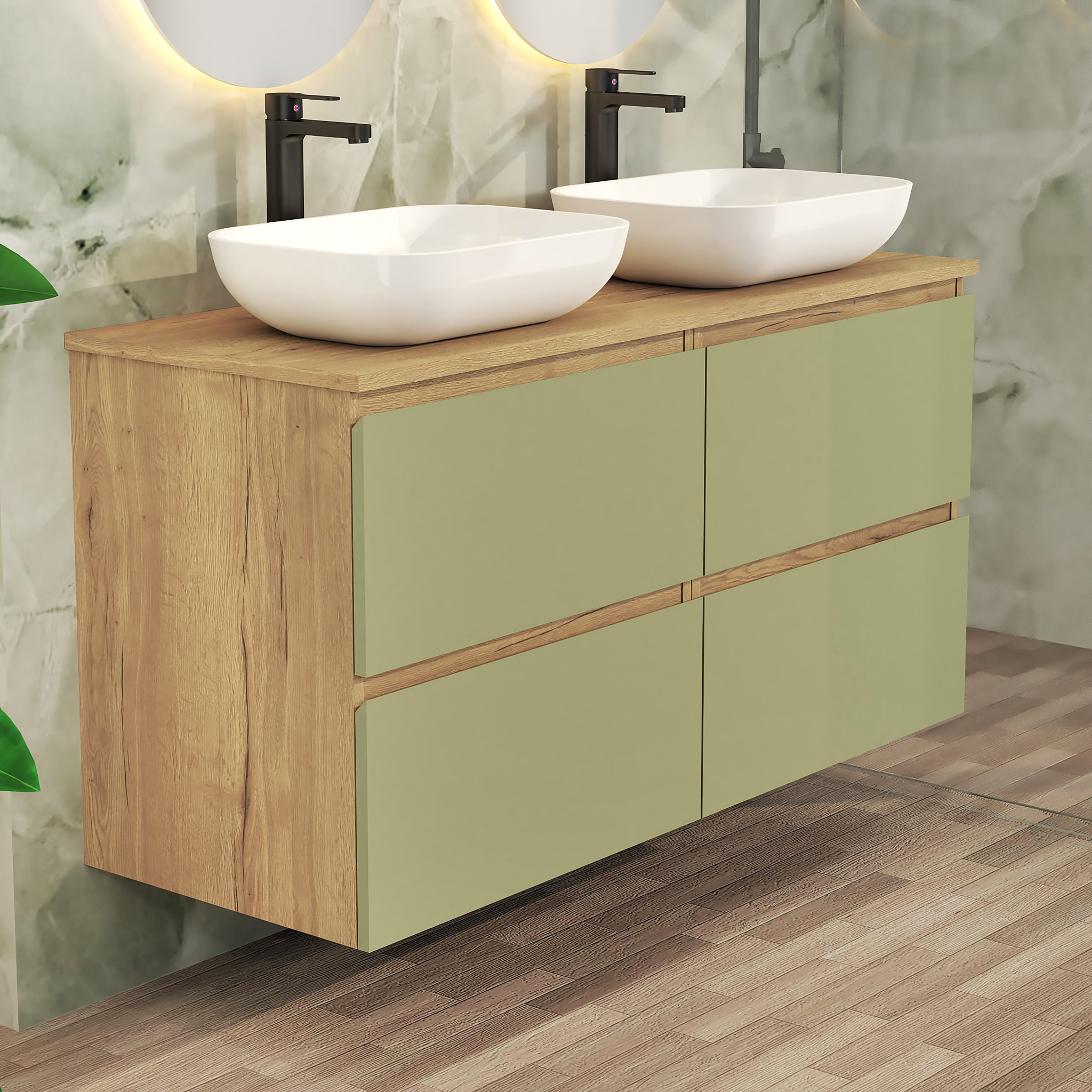 ENSEMBLE SALLE DE BAIN NIA | MEUBLE SUSPENDU | 140 CM VERT | 4 TIROIRS | LAVABO SUR PLAN | N'INCLUT PAS MIROIR | MEUBLE MONTÉ | ALDAY