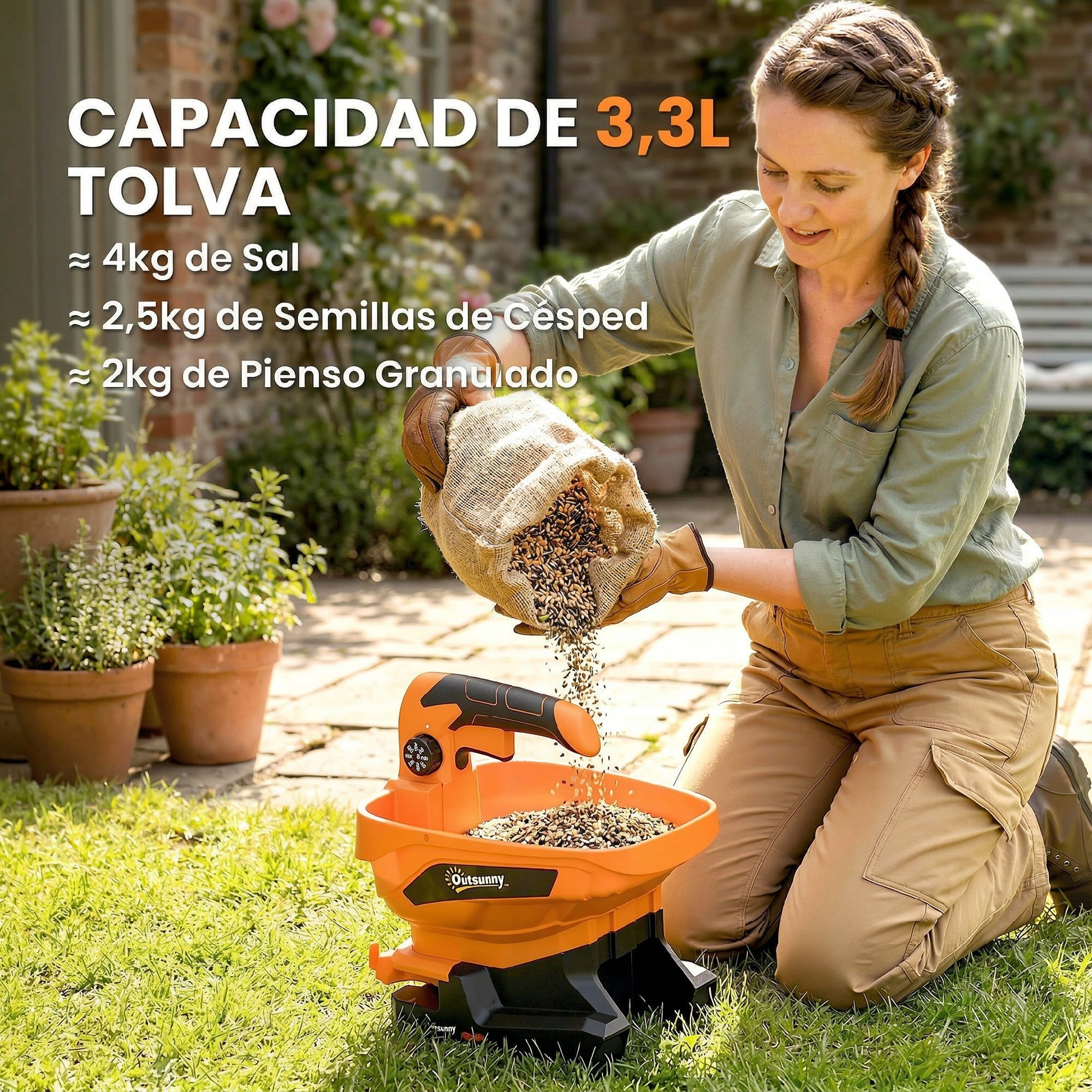 Outsunny Esparcidor Portátil 3,3 L, 8 Niveles de Flujo, Ancho de Proyección Regulable 3 Niveles, Puerto USB, Esparcidor de Semillas para Césped, Sal, Gravilla hasta 800 m², Naranja