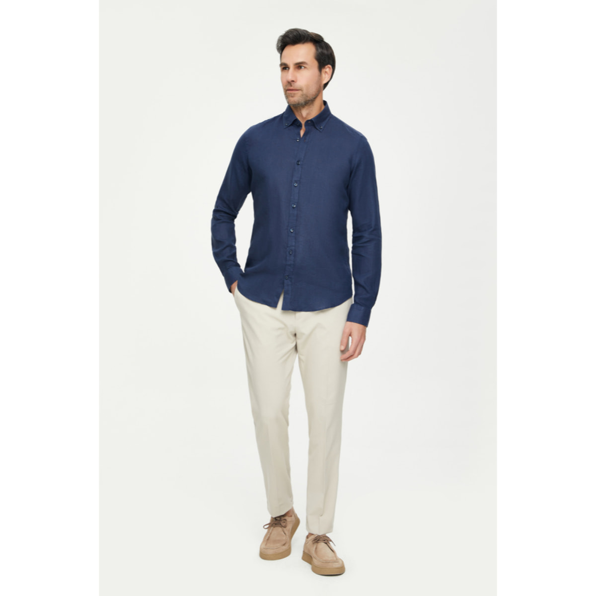 Camicia Uomo 1 Bottone Button Down Slim Lino Unito Blu