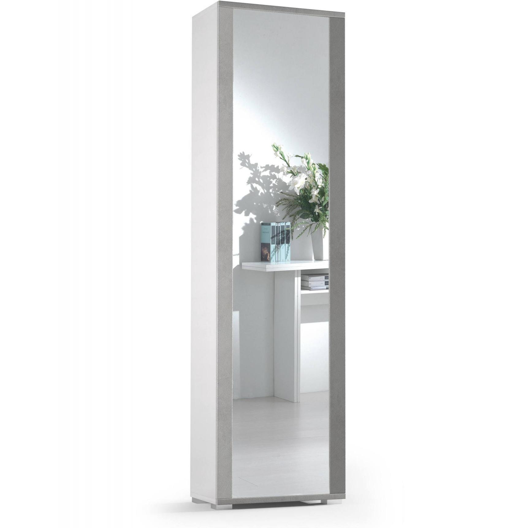 Scarpiera Datura, Mobile multiuso da ingresso con anta a specchio , Armadio moderno portascarpe a 7 ripiani, 100% Made in Italy, Cm 50x32hx182, Bianco e Cemento