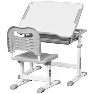 Ensemble bureau chaise enfant réglable - plateau inclinable, tiroir coulissant - acier PP gris blanc