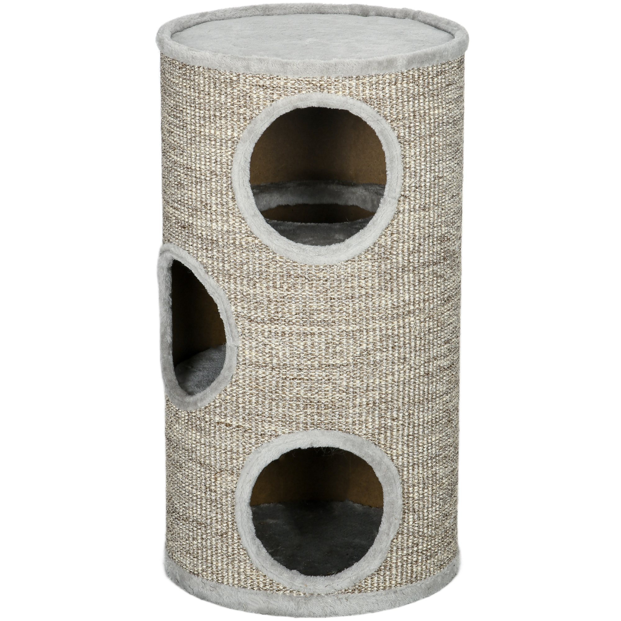 Arbre à chat cylindrique - tour à griffer pour chat - tonneau griffoir - 3 niveaux + plateforme - sisal peluche gris clair