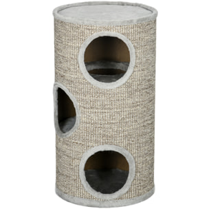 Arbre à chat cylindrique - tour à griffer pour chat - tonneau griffoir - 3 niveaux + plateforme - sisal peluche gris clair