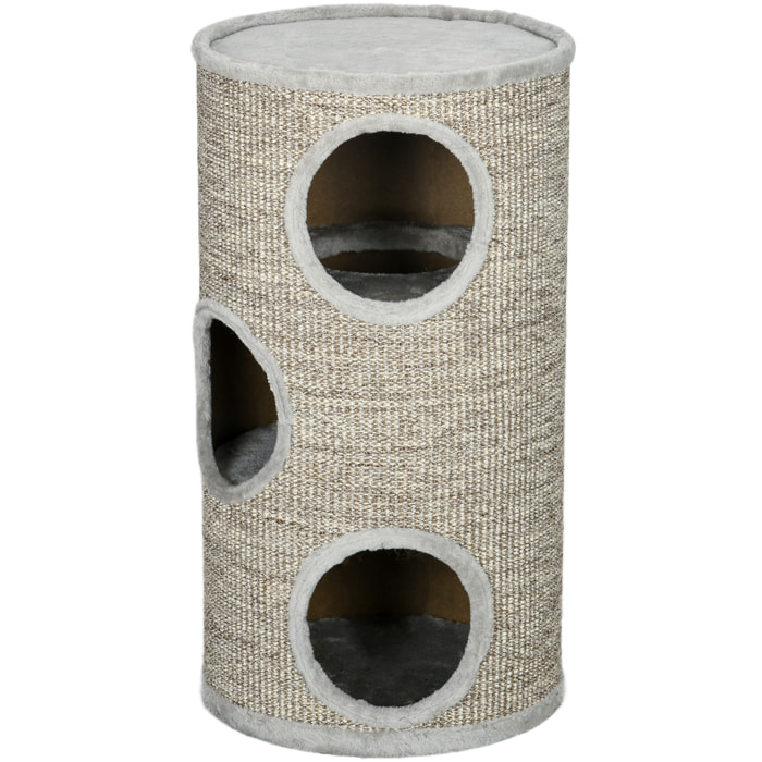 Arbre à chat cylindrique - tour à griffer pour chat - tonneau griffoir - 3 niveaux + plateforme - sisal peluche gris clair