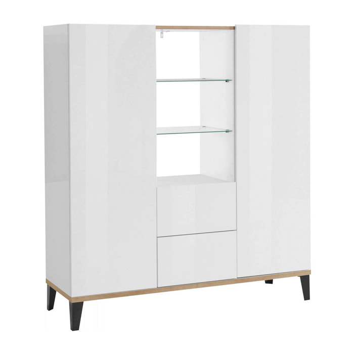 Credenza moderna a 2 ante e 2 cassetti, Made in Italy, Madia con ripiani, Buffet di design da ingresso, Cm 120x40h133, Bianco lucido e Acero