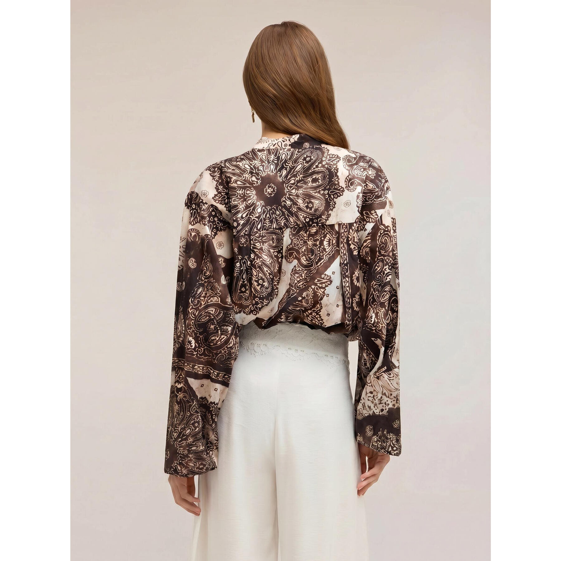 Motivi - Blusa in popeline con stampa e maniche a palloncino - Marrone