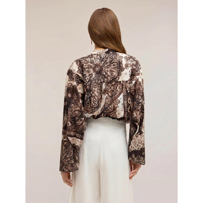 Motivi - Blusa in popeline con stampa e maniche a palloncino - Marrone