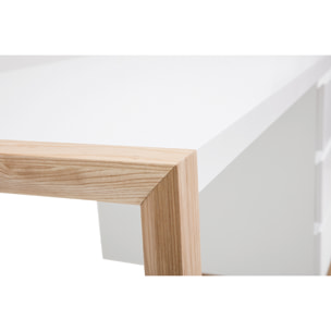 Bureau avec rangements 3 tiroirs scandinave blanc mat et bois clair frêne massif L130 cm ARMEL