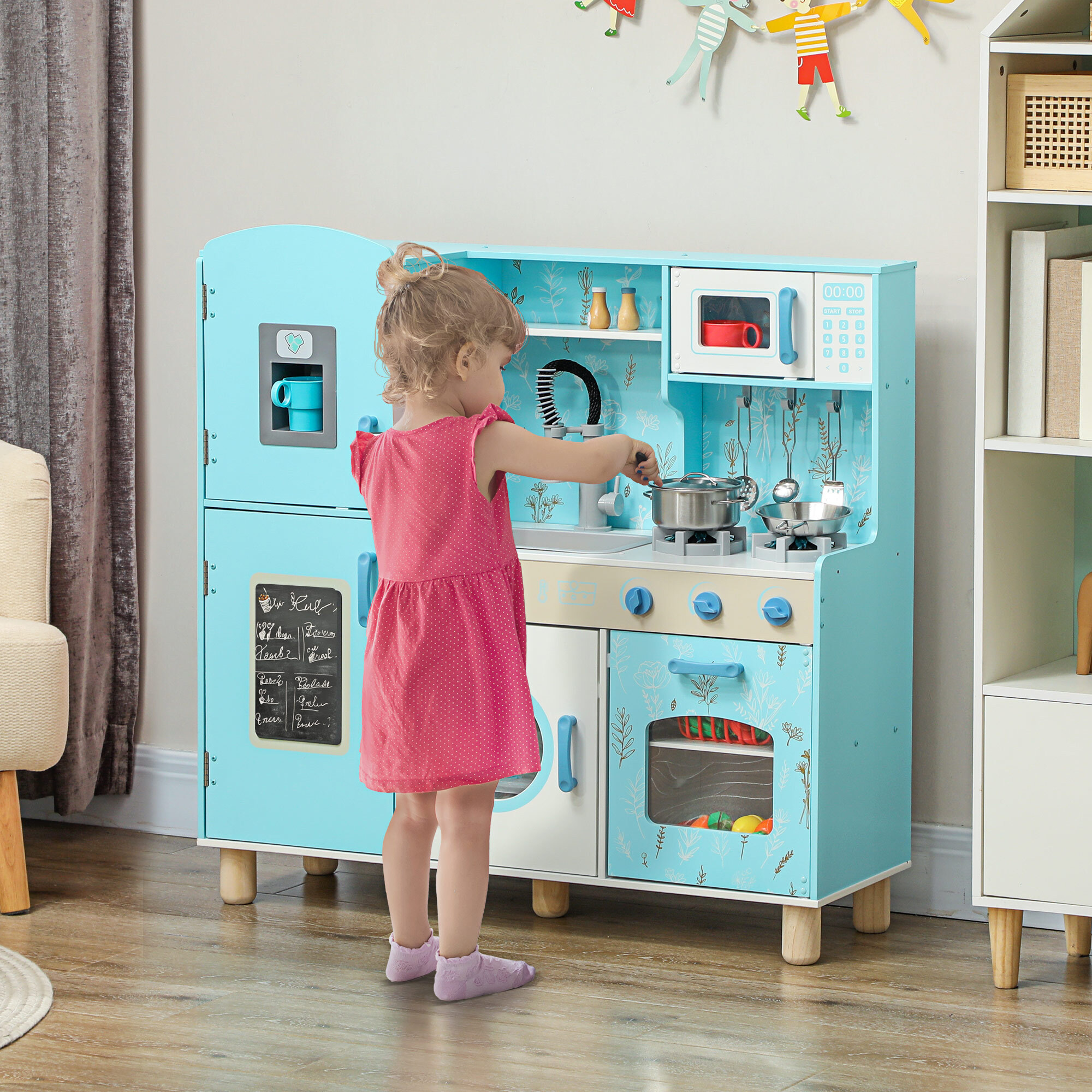 Cocina de Juguete para Niños +3 Años Cocina de Madera Infantil Cocinita Infantil con Sonido Fogón Horno Grifo Fregadero Microondas Lavadora Máquina de Hielo y Accesorios de Cocina Azul