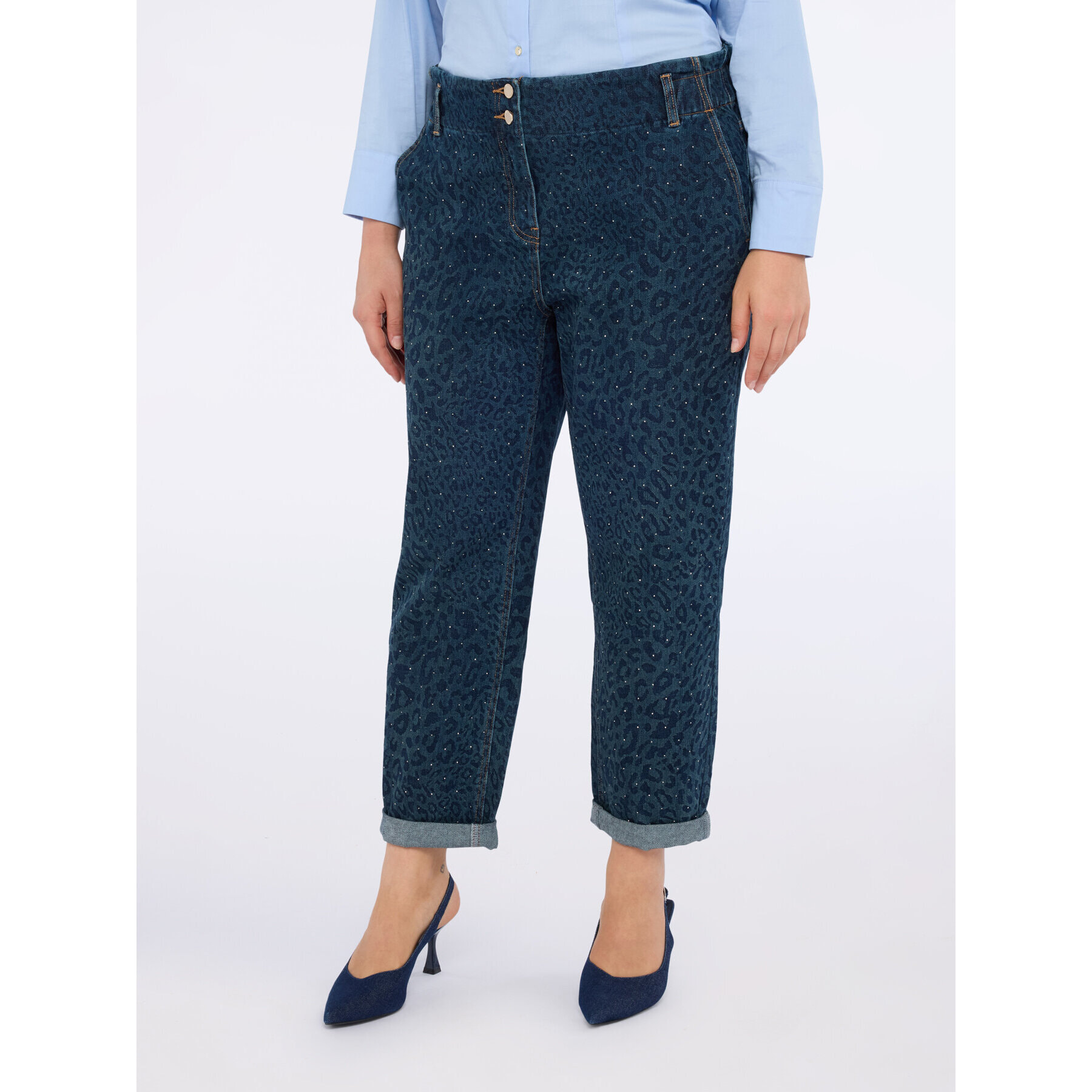 Fiorella Rubino - Jeans globo con estampado animal y detalles brillantes - Azul