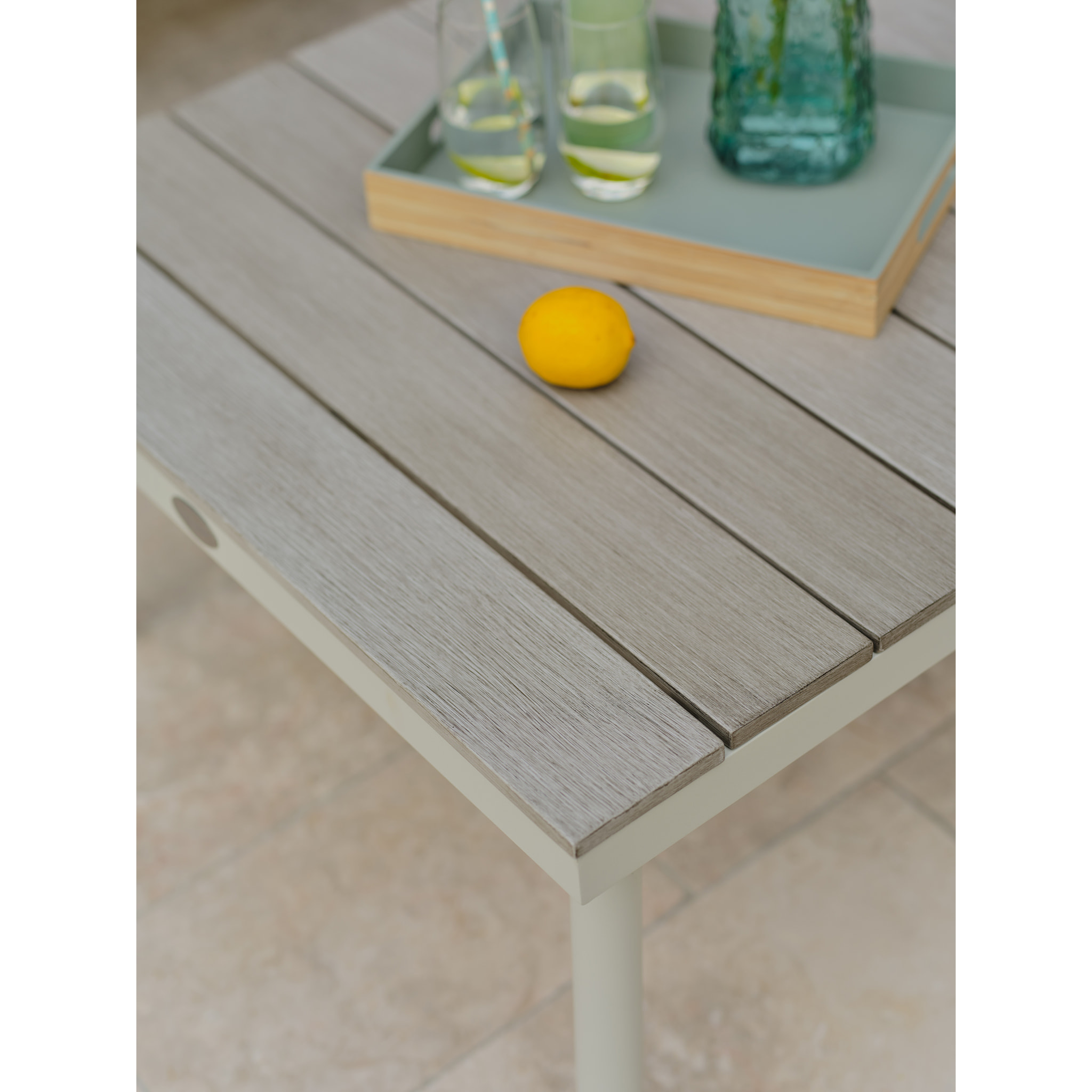 OSAKA - Salon de jardin d'angle 5 pl en alu blanc et alu aspect bois grisé