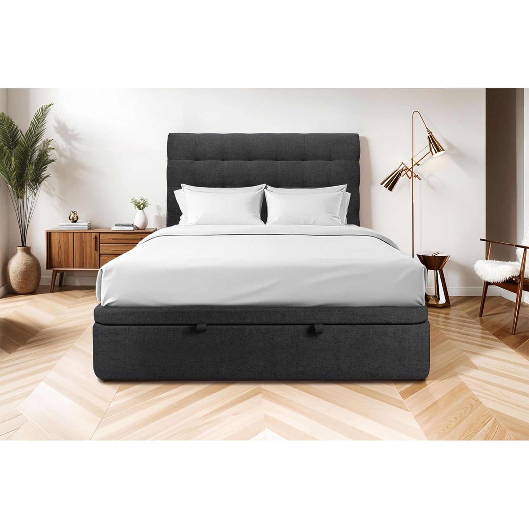 Lit avec sommier et tête de lit capitonnée - Toile nattée - Adapté à tous les matelas, montage rapide - Hauteur Totale : 39cm - Finition soignée