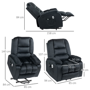 Fauteuil de massage releveur - 8 points de massage, fonction chauffante - 2 télécommandes - velours noir