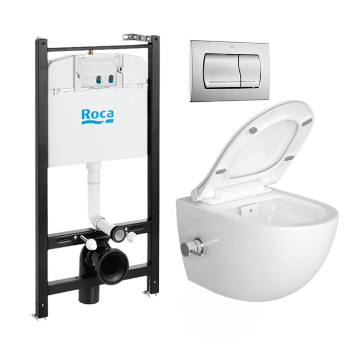 Pack Bâti-support Roca Active + WC sans bride avec fonction bidet thermostatique et fixations invisibles + plaque chrome mat
