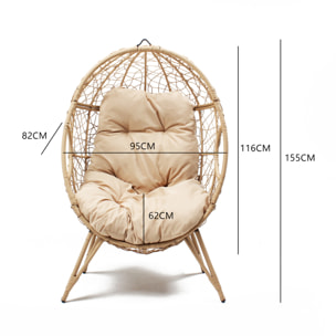 Fauteuil œuf sur pied en résine beige effet rotin JIMMY