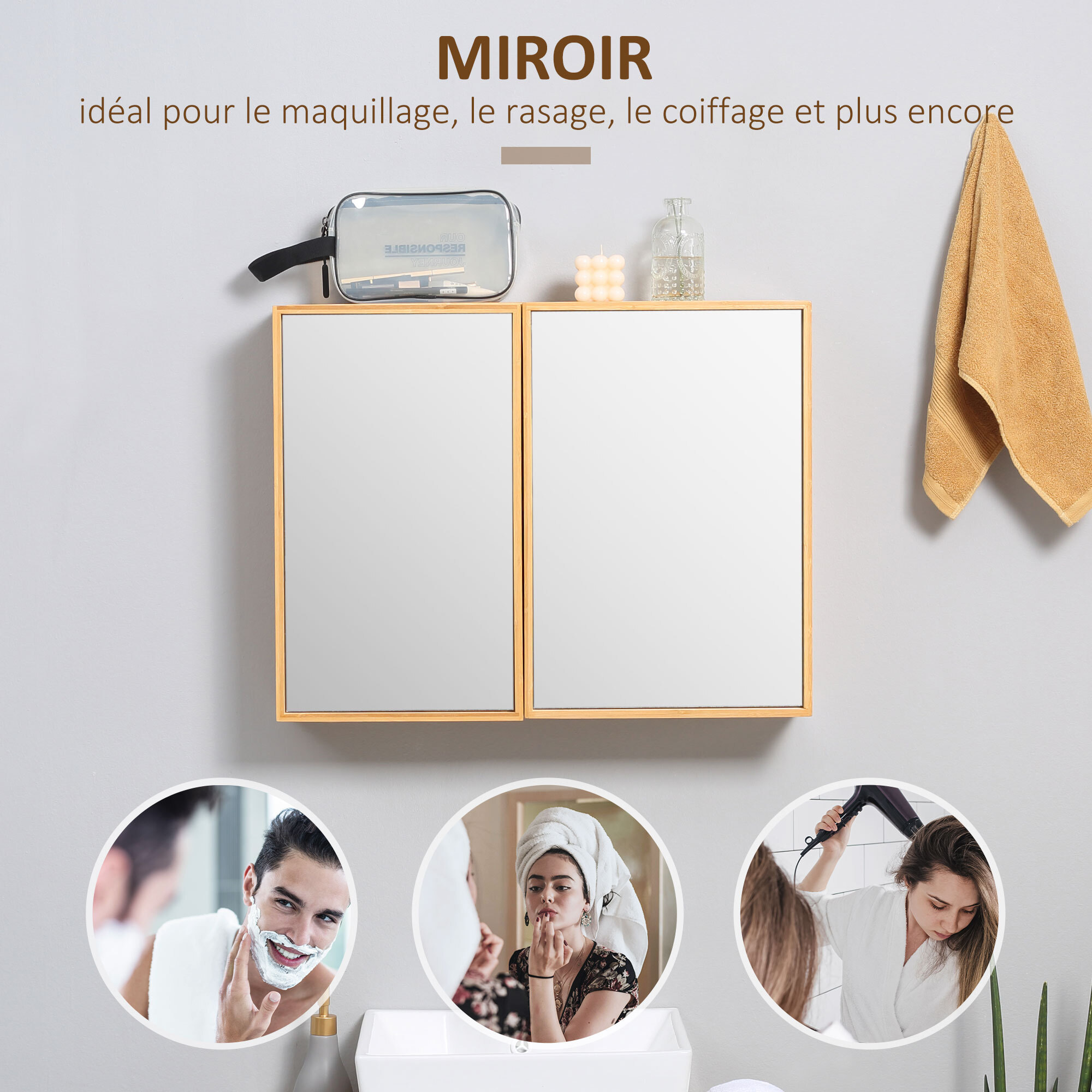 Miroir de salle de bain avec placard 2 portes - 2 étagères - bois de bambou verni