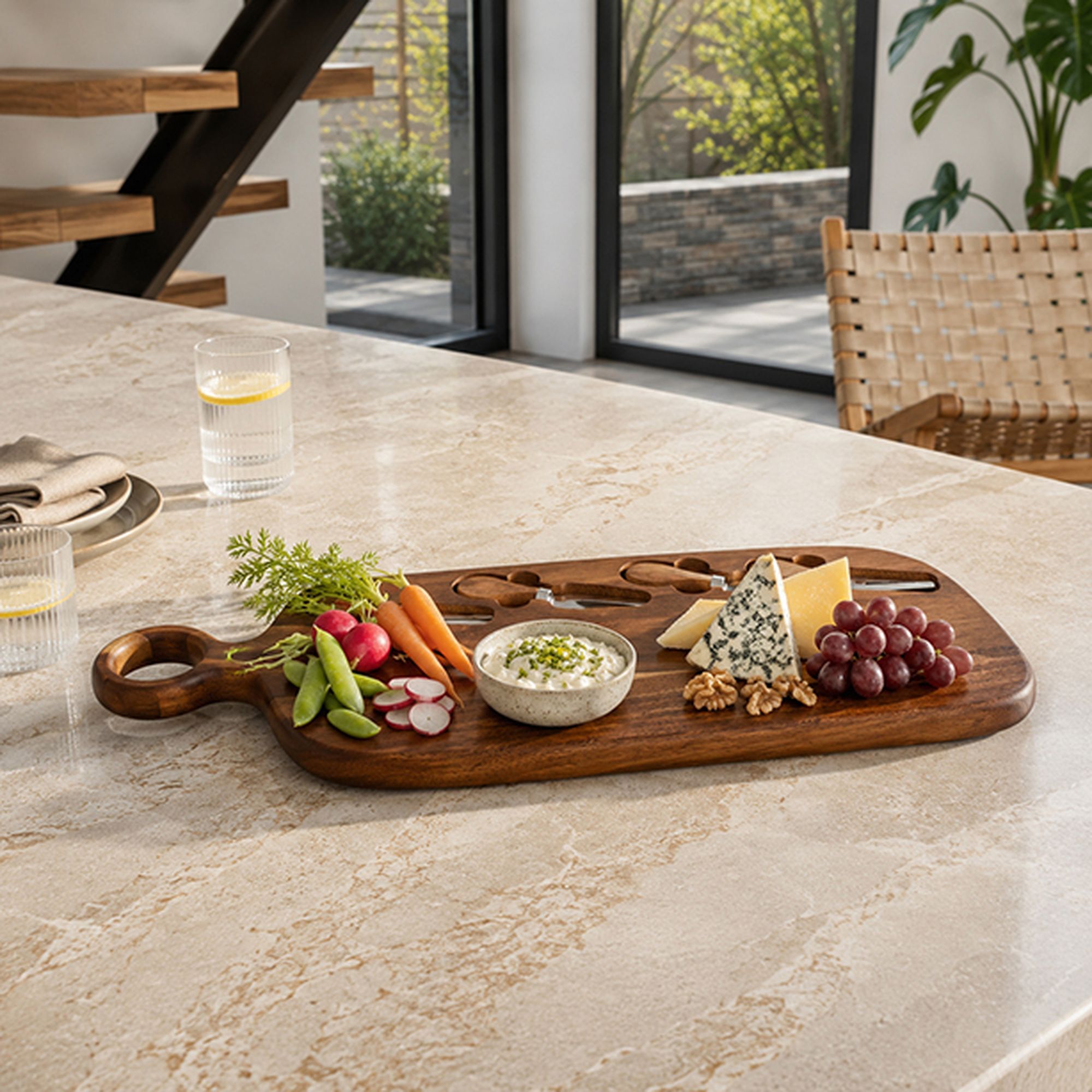 Planche à découper en bois d'acacia 49x16cm avec 3 couteaux à fromage COPA