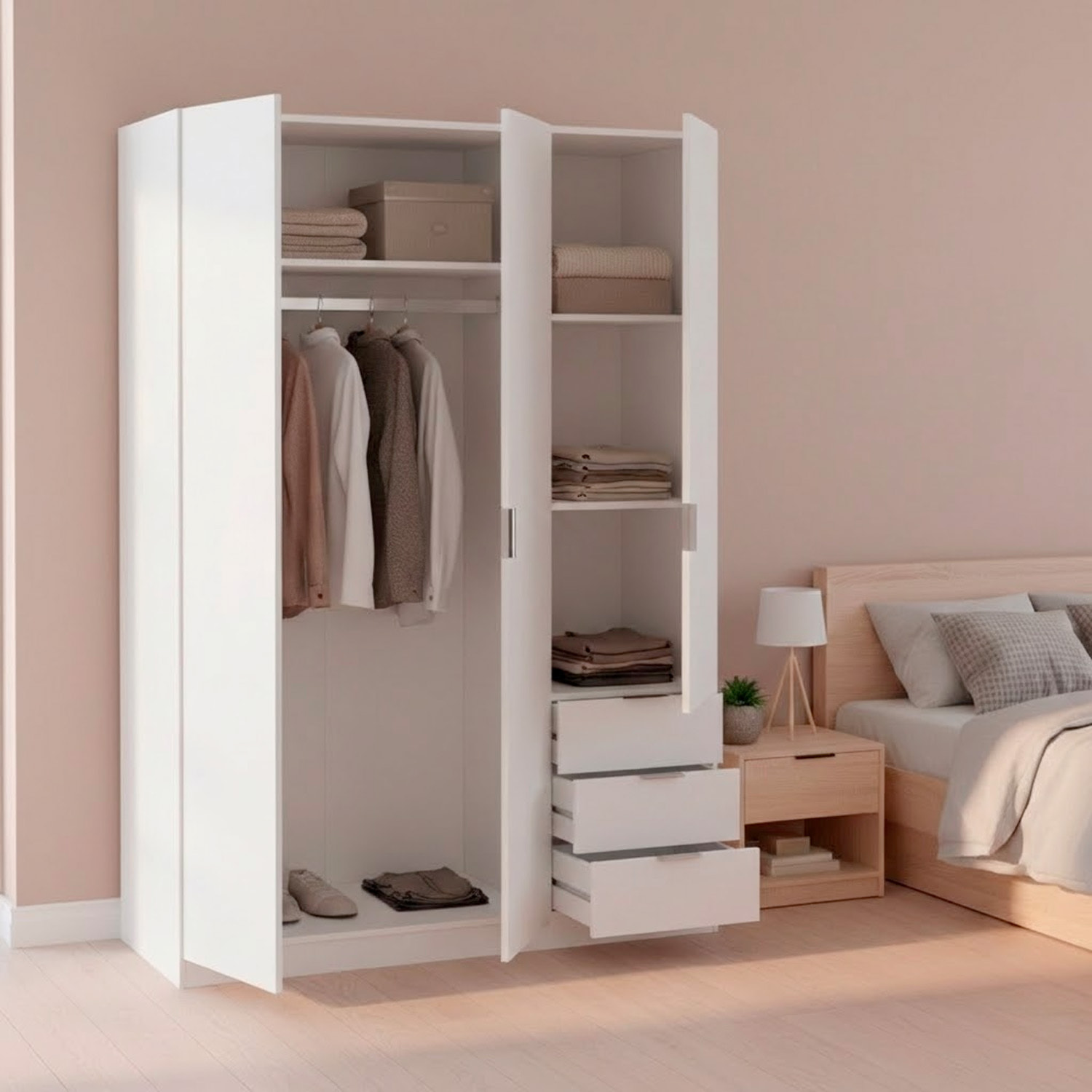 Armadio Guardaroba Vestiti 3 Ante Battenti 4 Ripiani E 3 Cassetti Con Barra Appendiabiti Salvaspazio Design Moderno 200 x 52 x 135 Cm Bianco