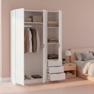 Armadio Guardaroba Vestiti 3 Ante Battenti 4 Ripiani E 3 Cassetti Con Barra Appendiabiti Salvaspazio Design Moderno 200 x 52 x 135 Cm Bianco