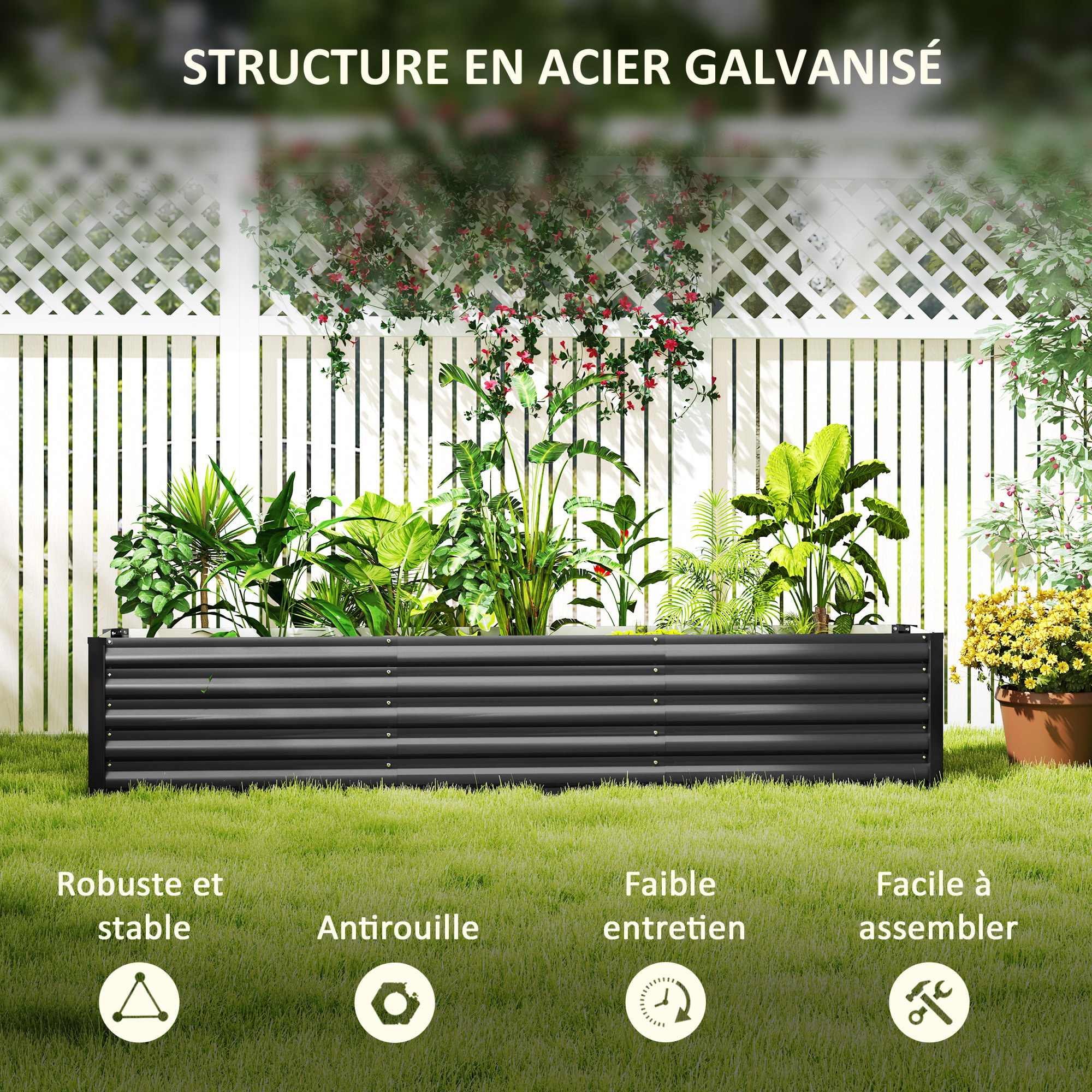 Carré potager de jardin rectangulaire dim. 240L x 120l x 30H cm tôle d'acier ondulée anthracite