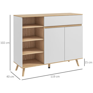 Buffet design scandinave 2 portes tiroir coulissant 4 niches piètement bois de pin panneaux blanc aspect chêne clair