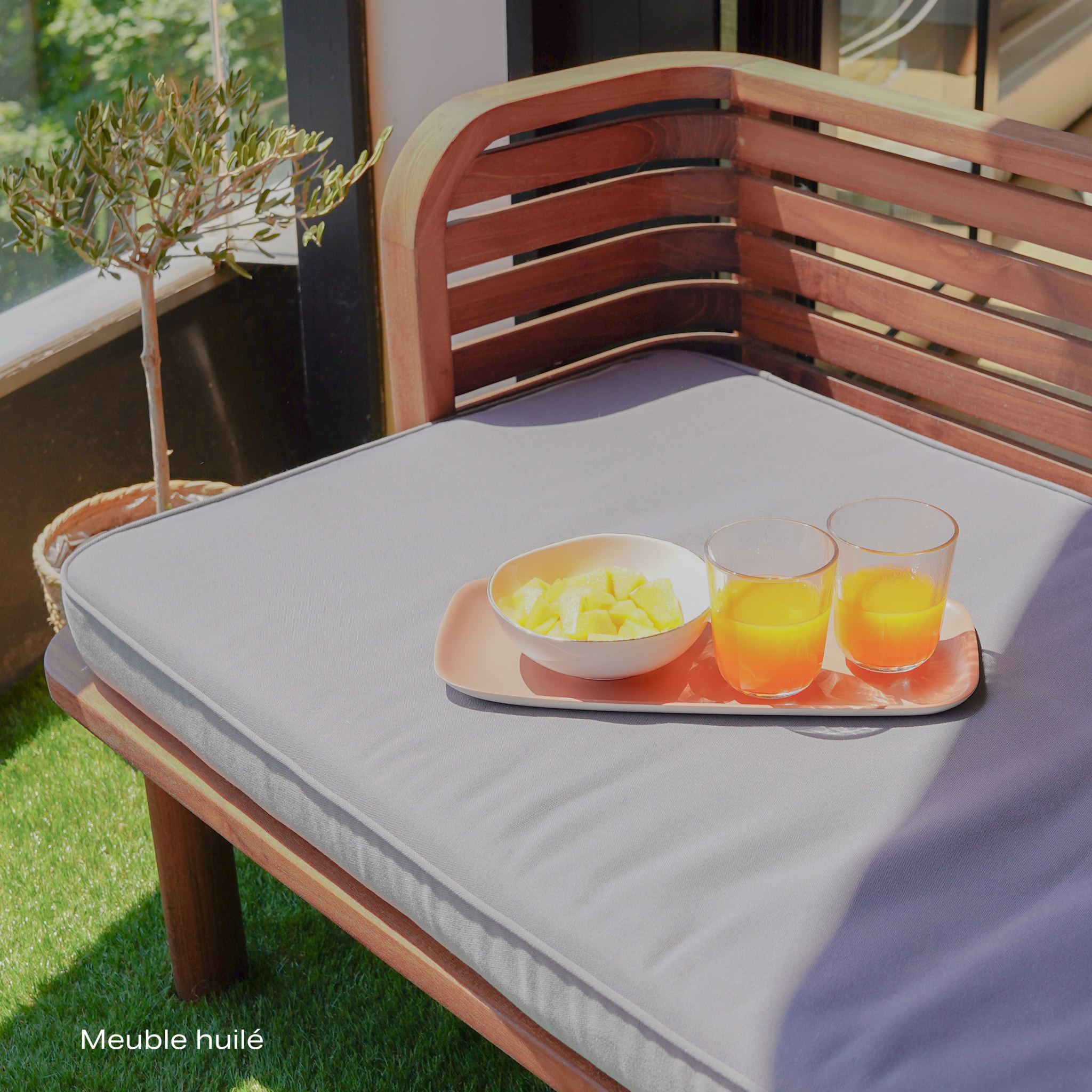Banquette de jardin 2 places en teck et coussin gris - Kilda