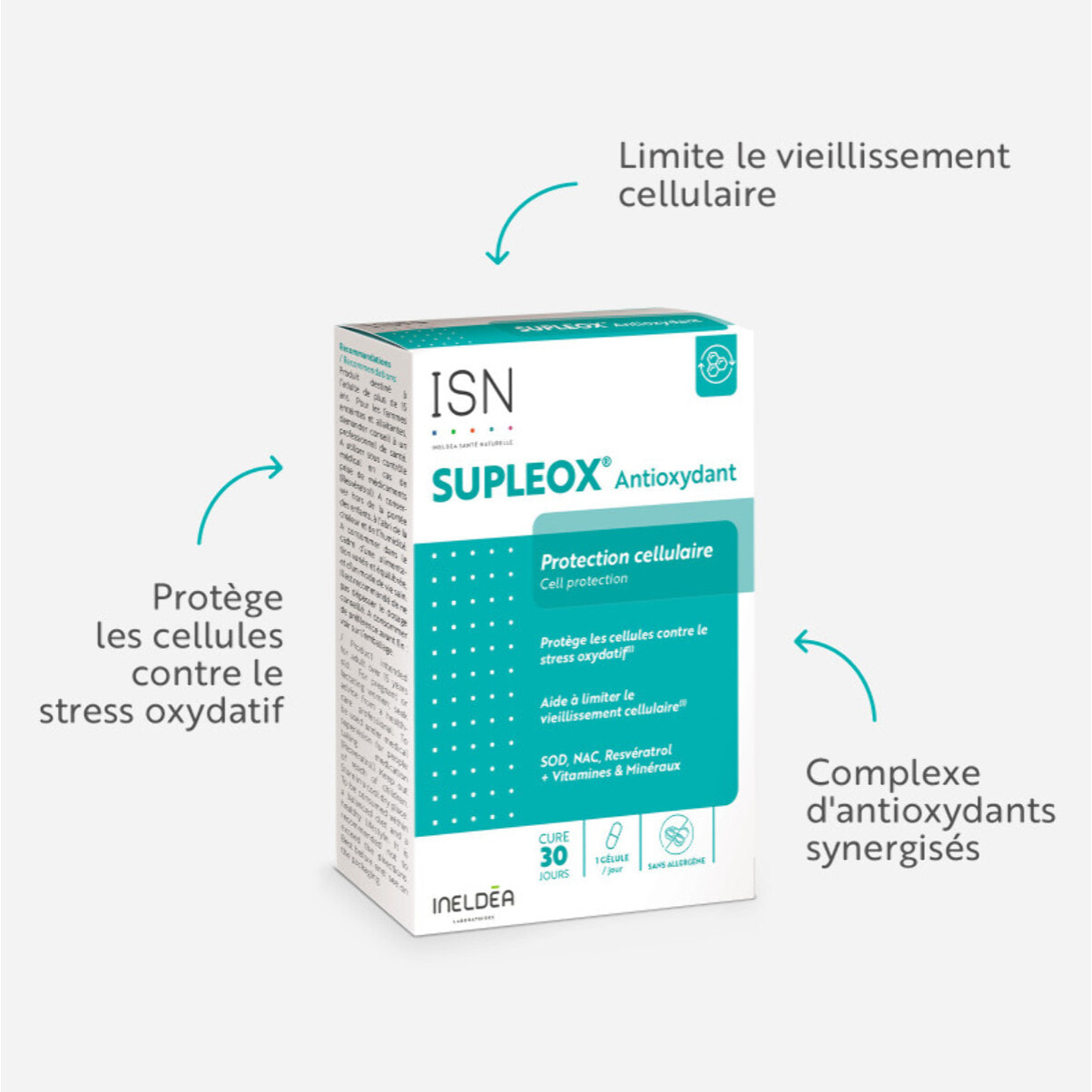 ISN - Supleox Antioxydant - A base de Resvératrol, NAC, SOD, vitamines C & E - Aide à protéger les cellules contre le stress oxydatif - Cure 30 jours